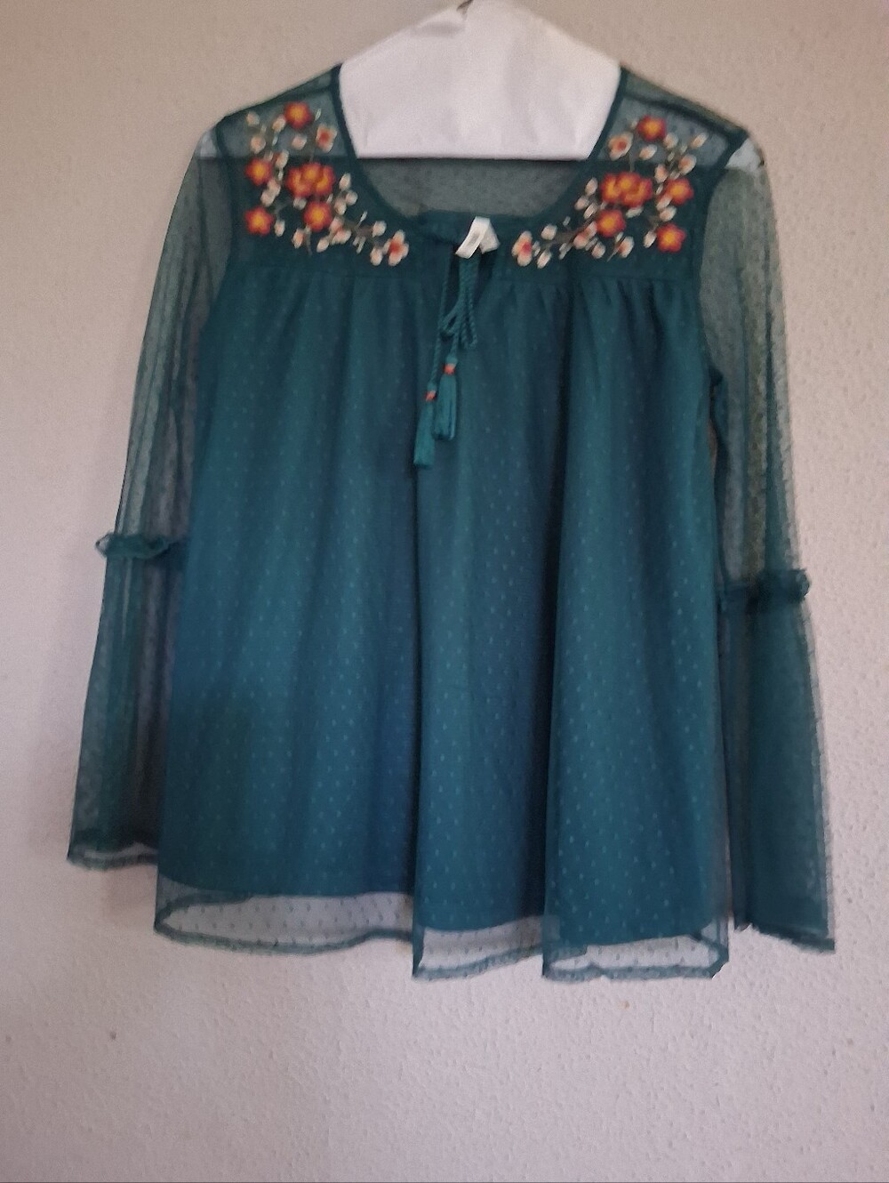 Mudd Teal Sheer Embroidered Tie-Neck Blouse